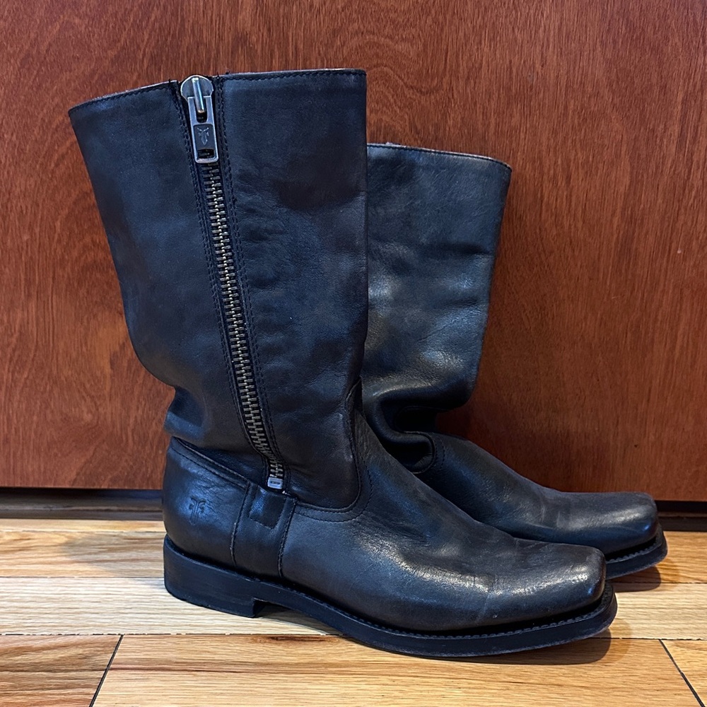 Frye Black Leather Boots with Side Zipper